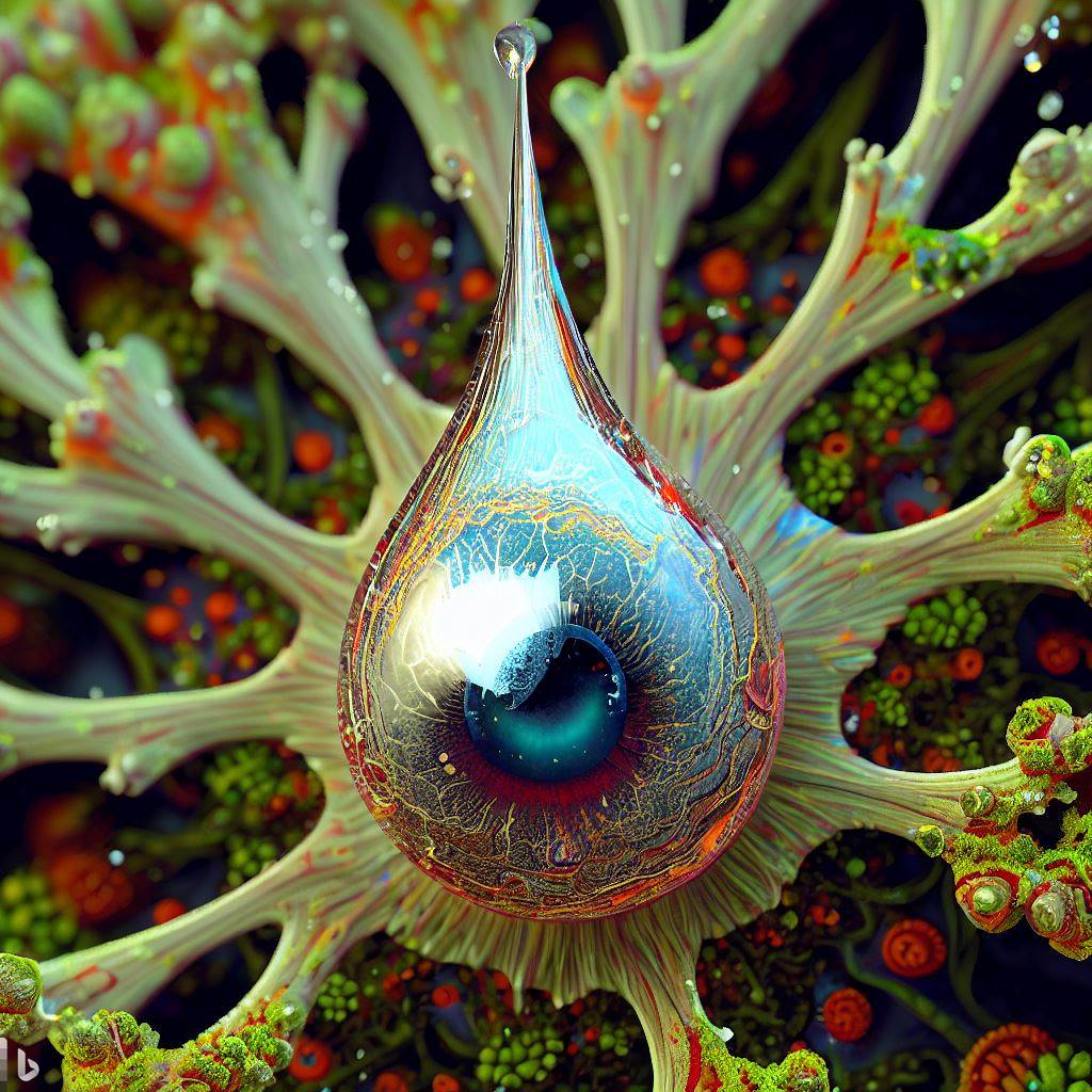 14- 3D hyper-detailed joyfully splattering bursting imploding raindrop with druid nano-wire root-circuitry iris-stroma and a joyous living breathing eyelid pupil at its core. Covered in mossy fractal rainforest synapses, mirroring recursion.jpg